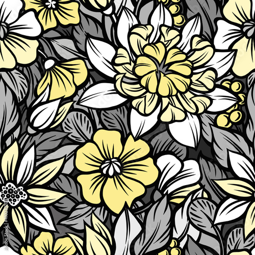 Abstract graphic seamless pattern of stylized flowers and plants. 