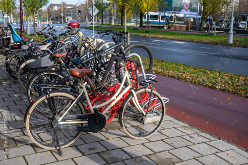 City life and transportation in Netherlands, bicycle parking in old part of Amsterdan