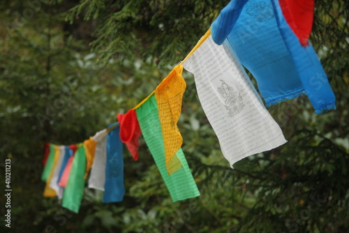 Tibetan prayer flags blowing in the wind