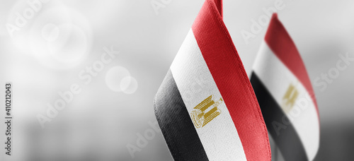 Canvas Print Small national flags of the Egypt on a light blurry background