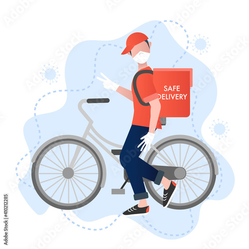 Safe delivery vector concept. Smiling Deliverman with a bike makes safe and virus protected deliver. Safe food delivery. Virus prevention concept.  Cartoon vector illustration. Coronavirus prevention.