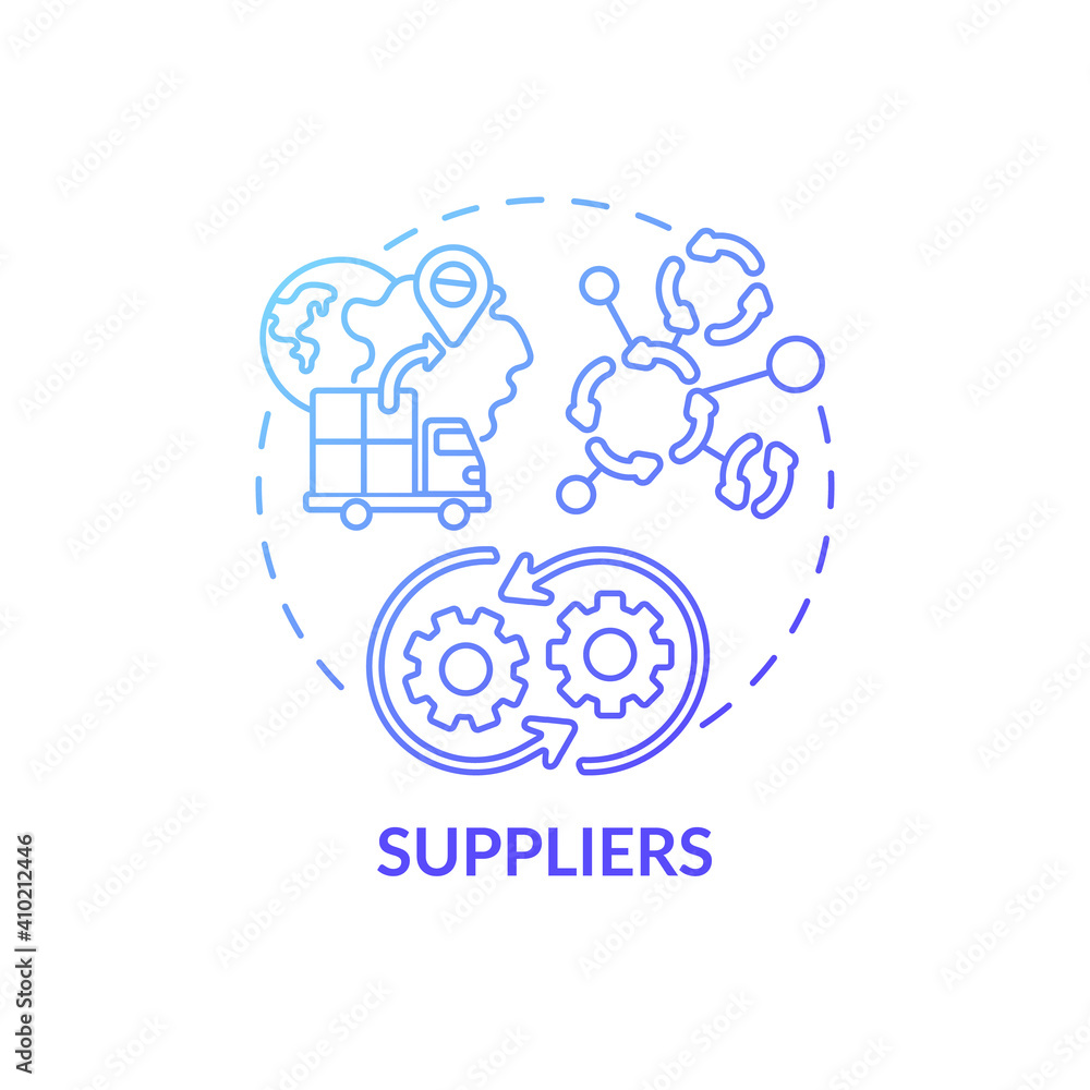 Suppliers concept icon. Co-creation participant idea thin line illustration. Production capabilities. Providing resources for products. Manufacturer. Vector isolated outline RGB color drawing Suppliers concept icon. Co-creation participant idea thin line illustration. Production capabilities. Providing resources for products. Manufacturer. Vector isolated outline RGB color drawing