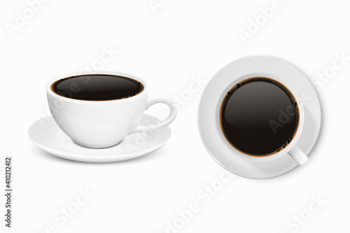 Vector 3d Realistic Ceramic White Coffee Mug, Cup Isolated on White Background. Black Coffee. Espresso, Mocha. Design Template. Front and Top View