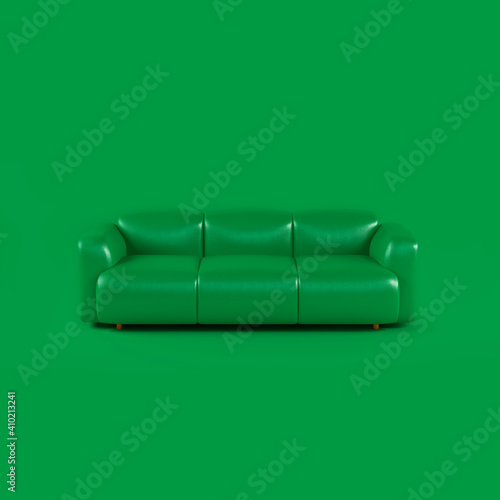 Green leather soft sofa on green background with shadow. Stylish cozy modern sofa made of genuine leather on wooden legs. Minimalistic interior room in green colors. Single piece of furniture © olgaarkhipenko