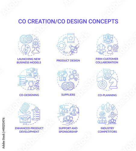 Co-creation concept icons set. Co-design idea thin line RGB color illustrations. Launching new business models. Support and sponsorship. Suppliers. Product design. Vector isolated outline drawings