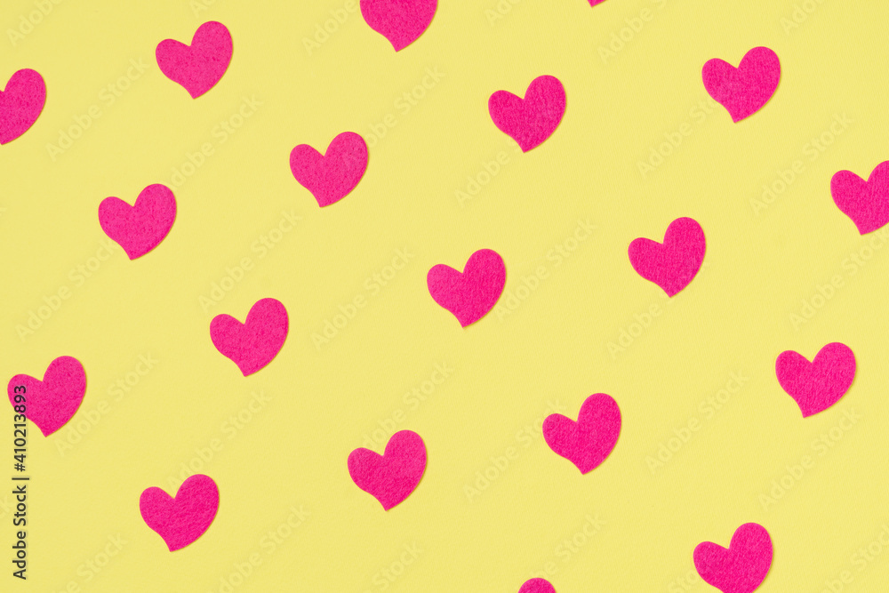 Elements in shape of hearts on yellow background. Symbols of love for Happy Women's, Mother's, Valentine's Day, birthday greeting card design.