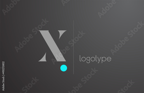 X grey letter alphabet logo for business. Unique corporate identity and lettering. Company icon branding design with blue dot and line