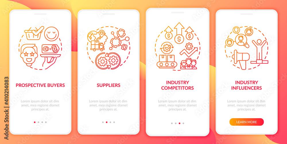 Co-creation contributors onboarding mobile app page screen with concepts. Competitors, suppliers walkthrough 4 steps graphic instructions. UI vector template with RGB color illustrations