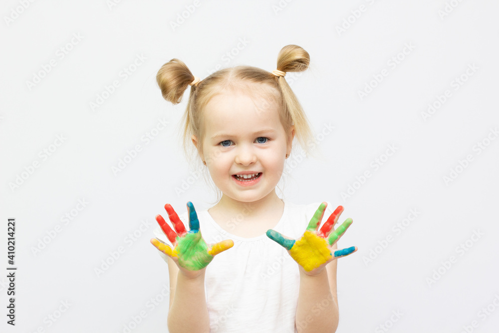 Cute little girl with painted hands. Isolated on white background banner copy space Cute little girl with painted hands. Isolated on white background banner copy space