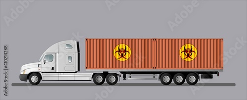 Modern American car with semi-trailer for transporting containers with biohazardous cargo.