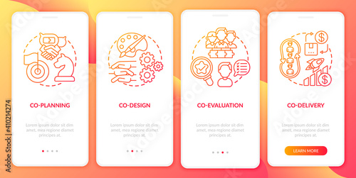 Collaborative production onboarding mobile app page screen with concepts. Co-delivery, co-evaluation walkthrough 4 steps graphic instructions. UI vector template with RGB color illustrations