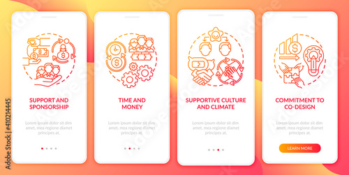 Setting for co-design onboarding mobile app page screen with concepts. Sponsorship, time and money walkthrough 4 steps graphic instructions. UI vector template with RGB color illustrations