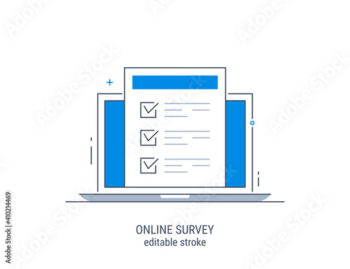 Online survey. Editable stroke. Vector illustration. Flat concept with quality test and satisfaction report. Feedback from customers or opinion form.
