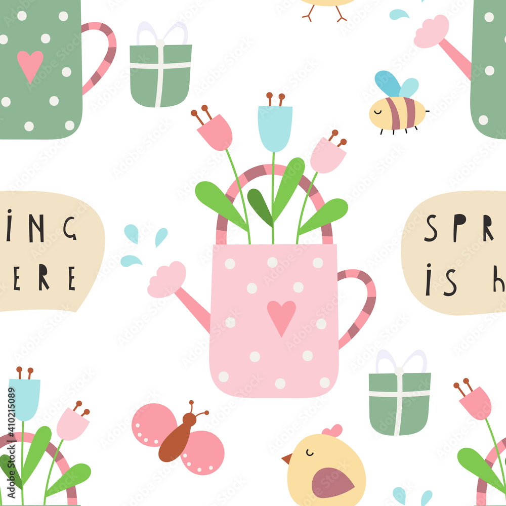 Seamless pattern for Easter design of wrapping paper – spring tulips and watering pot. Vector illustration for packaging. Pattern is cut, no clipping mask.