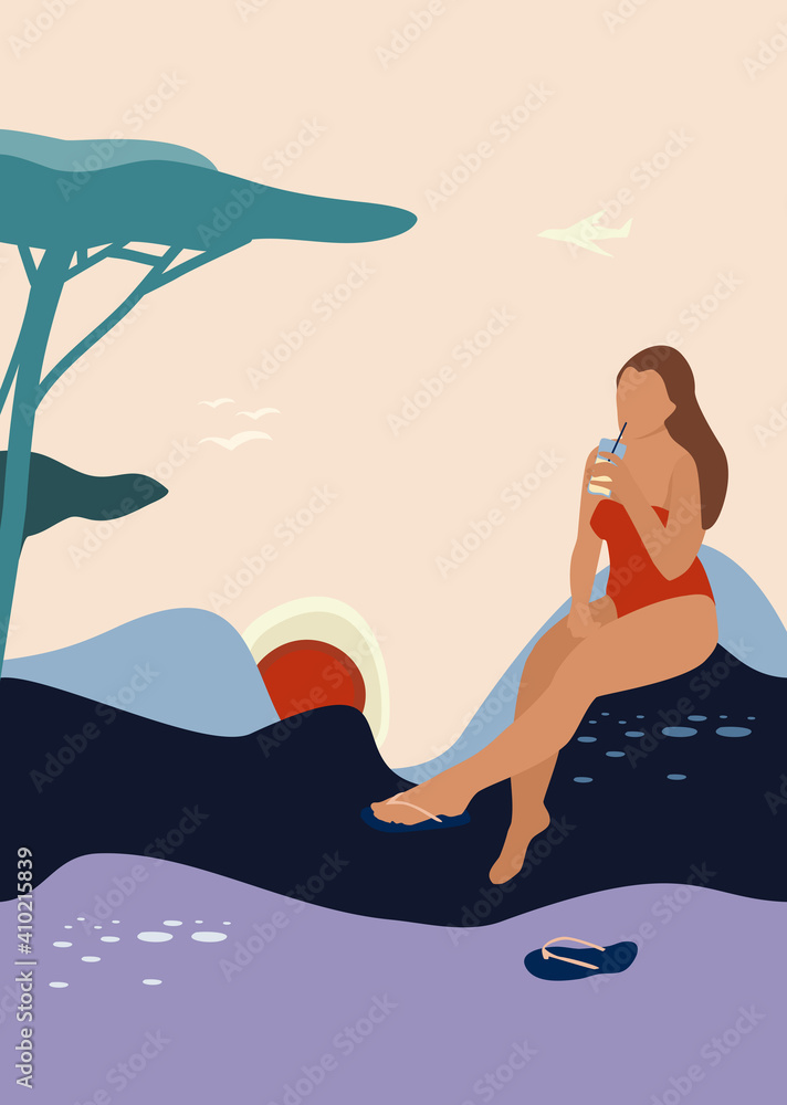 Minimalist female silhouette on retro summer background.Woman drinks cocktail,sunbathes.Mid century style poster.Abstract landscape with ocean and coastline.Modern paper cut elements for social media.