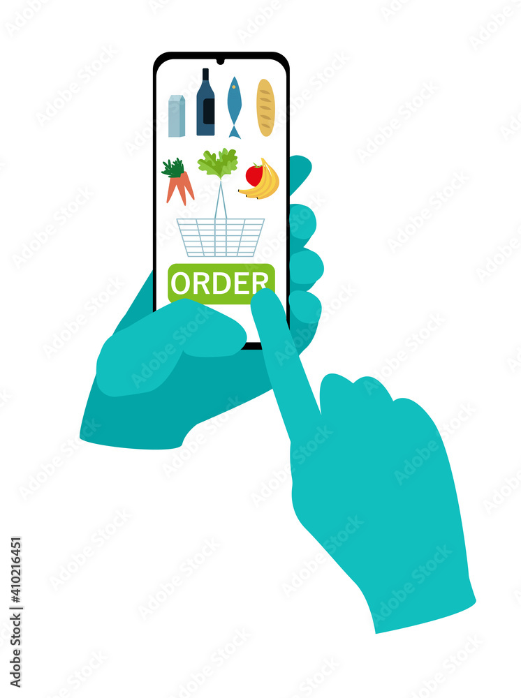 a hand in a protective glove holds a smartphone and orders food in the app. secure contactless delivery and shopping concept a hand in a protective glove holds a smartphone and orders food in the app. secure contactless delivery and shopping concept