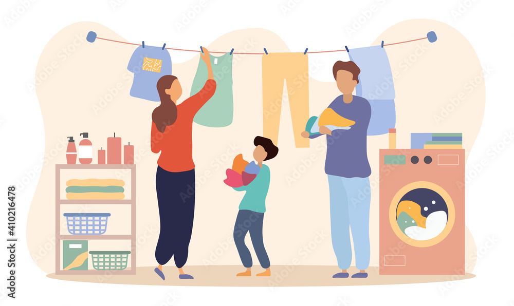 Happy family is drying clothes together. Dad and son are holding wet colorful laundry while mother hangs it. Flat cartoon vector illustration