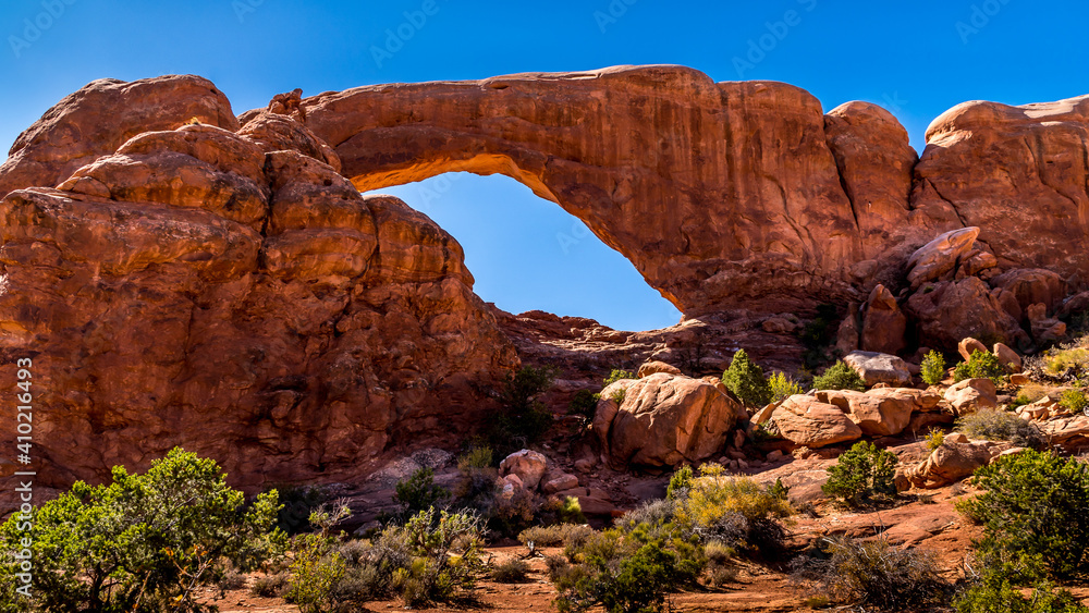 The South Window Arch, one of the many large Sandstone Arches in Arches National Park Utah, United States