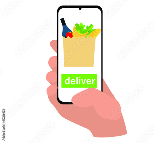 hand holds a smartphone and orders food in the application. secure contactless delivery and shopping concept