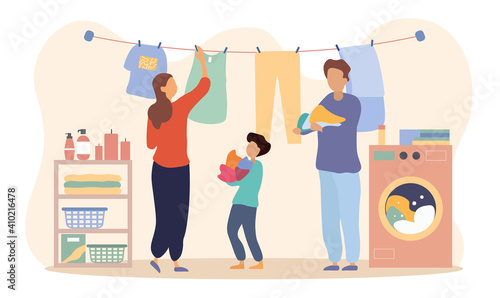 Happy family is drying clothes together. Dad and son are holding wet colorful laundry while mother hangs it. Flat cartoon vector illustration