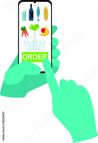 a hand in a protective glove holds a smartphone and orders food in the app. secure contactless delivery and shopping concept
