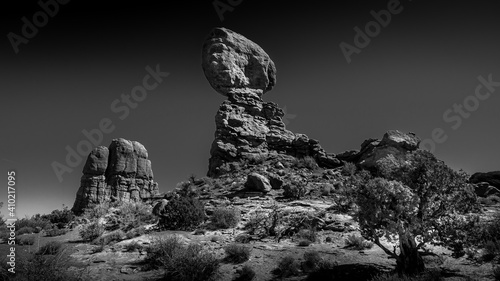 Black and White Photo of Balanced Rock and other Sandstone Formations along the Arches Scenic Drive in Arches National Park near Moab, Utah, United States
