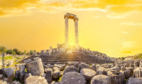 Columns of the ancient temple of Apollo in the ancient city of Didim at sunset
