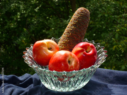 fruit-piece peachs and fir-cone in the garden