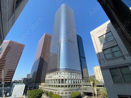 LOS ANGELES, CA, NOV 2020: wide view, looking up at skyscrapers and other tall buildings at California Plaza in the financial district of Downtown