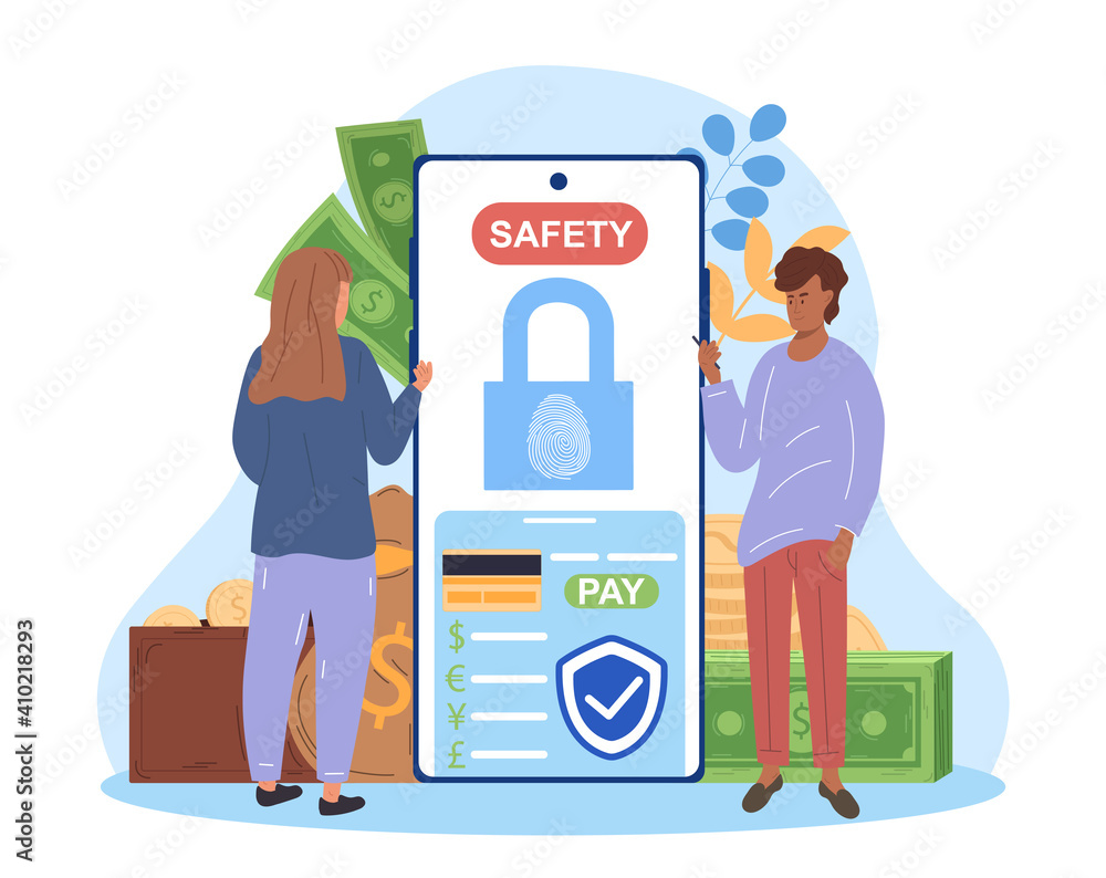 Male and female characters are holding smartphone with safety payment on screen. Man and woman easy and secure way to pay or send money using smartphone application. Flat cartoon vector illustration Male and female characters are holding smartphone with safety payment on screen. Man and woman easy and secure way to pay or send money using smartphone application. Flat cartoon vector illustration