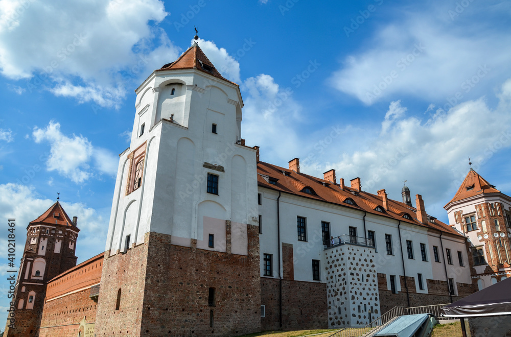 Ancient medieval Mir Castle Complex in the town of Mir. Historical heritage of Belarus. Famous landmark in summer
