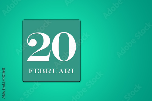 calendar date 20 February in turquoise frame, the twentieth day of the month photo