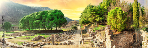 Panorama of ancient city of Ephesus in Turkey at sunset