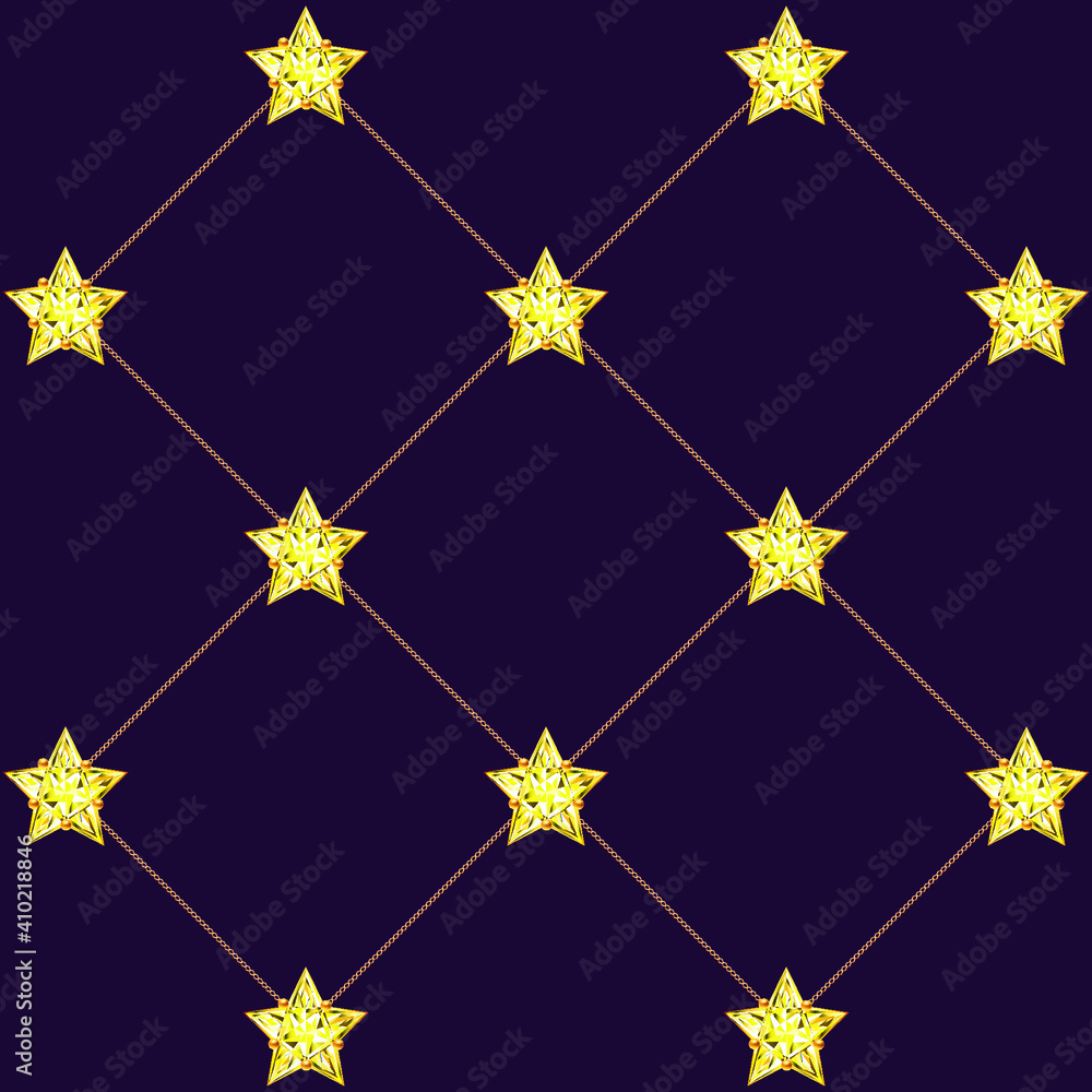 Crystal stars, and golden chains on a purple background. Vector illustration. Crystal stars, and golden chains on a purple background. Vector illustration.