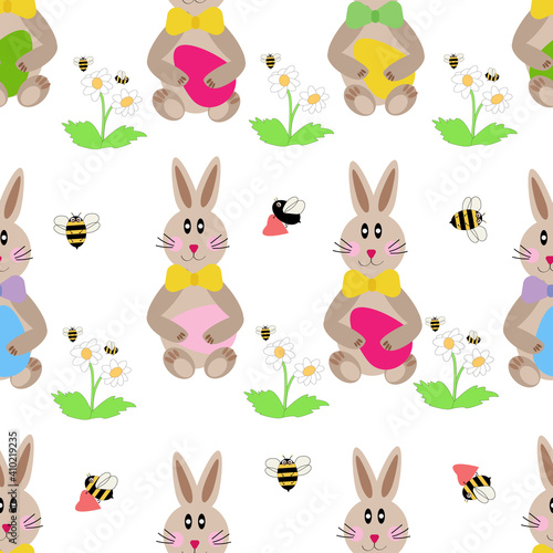 Easter vector with bunnies  eggs  flowers  bees and hearts.