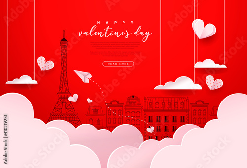 Valentine's Day red paris city paper cut card