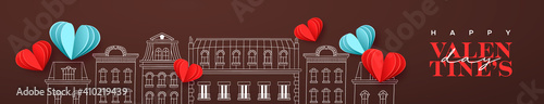 Happy Valentine's Day thin banner illustration. Cute chalk board city doodle background with realistic 3d papercut red hearts. Romantic february 14 event design.