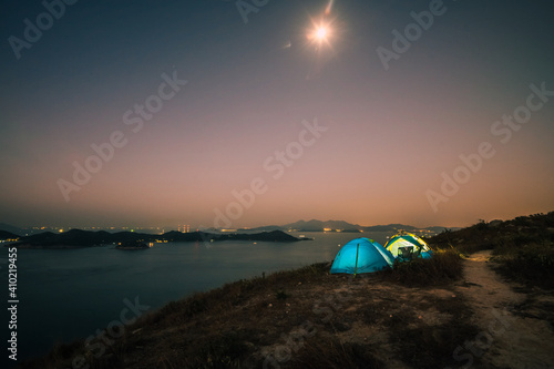 Camping on mountain top, enjoy view of sunrise at Yuk Kwai Shan (Mount Johnson) located in Ap Lei Chau,Hong Kong.