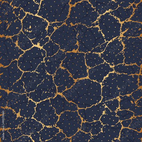 Gold cracked marble. Crackle texture. Seamless pattern. Abstract background cracks. Repeating golden crack. Effect grunge patina. Repeated cracking surface for design print, wallpaper, tile. Vector 