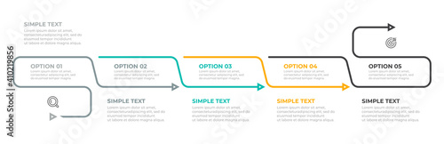 Vector timeline infographic template. Thin line design with icons and arrow. Business concept with 5 options, steps or parts.