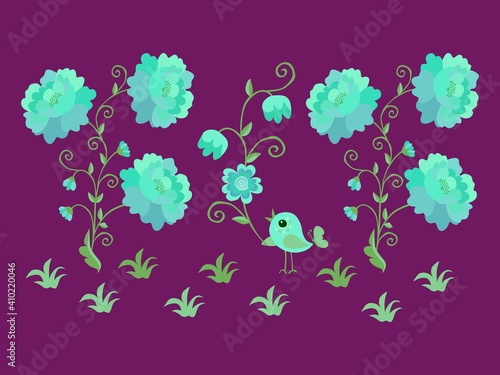 Kawaii pattern with a cute little bird and huge magic flowers on a purple background. Print for cosmetic bags  bags  baby fabrics.