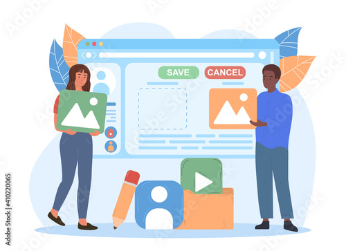 Male and female characters are editing profile online. Man and woman are applying photos to make online profile together. Flat cartoon vector illustration