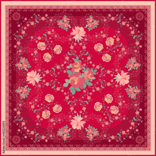 Romantic pattern for shawl with bunhes of roses, bouquets of poppies and garlands of little garden flowers on crimson background. Floral silk scarf design, fashion textile.