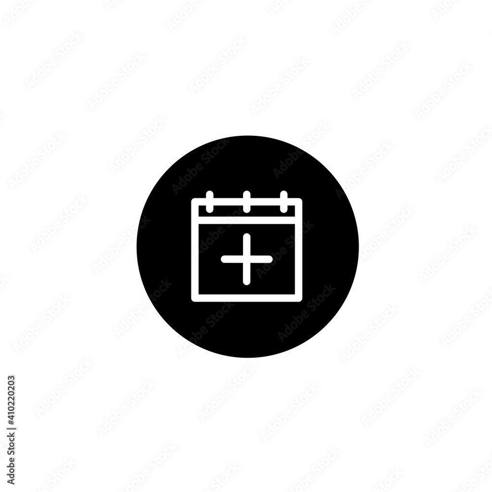 Calendar and plus sign icon in black round style. Vector icon pixel perfect Calendar and plus sign icon in black round style. Vector icon pixel perfect
