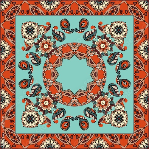 Bandana print with flowers and paisley on light blue background, and ornamental border. Square cushion, scarf, shawl. Vector design.