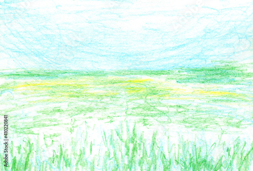 Light color meadow sketch in colored pencils. Hand drawn illustration. Freashness in the countyside