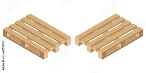 Vector wooden isometric pallet. Isolated on white background. Flat style.