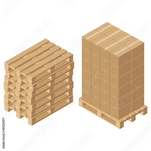 Isometric cardboard boxes on wooden pallet. Cargo box. Isolated on white background. Vector illustration in flat style.