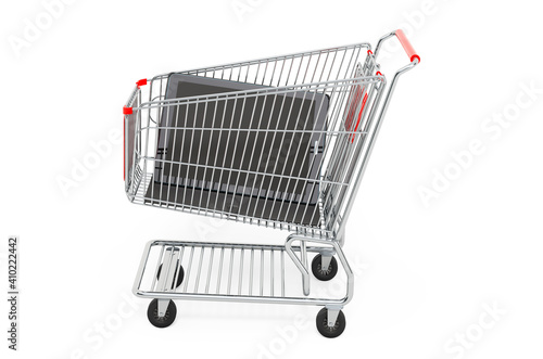 Shopping cart with tablet computer, 3D rendering