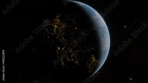 Planet earth from the space at night, planet Earth from outer space view, glow planet Earth view from dark space 3d illustration